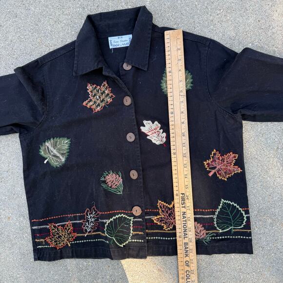Sara Studio Fall Leaves Embroidered Button Front Black Canvas Jacket MEDIUM - Picture 7 of 9